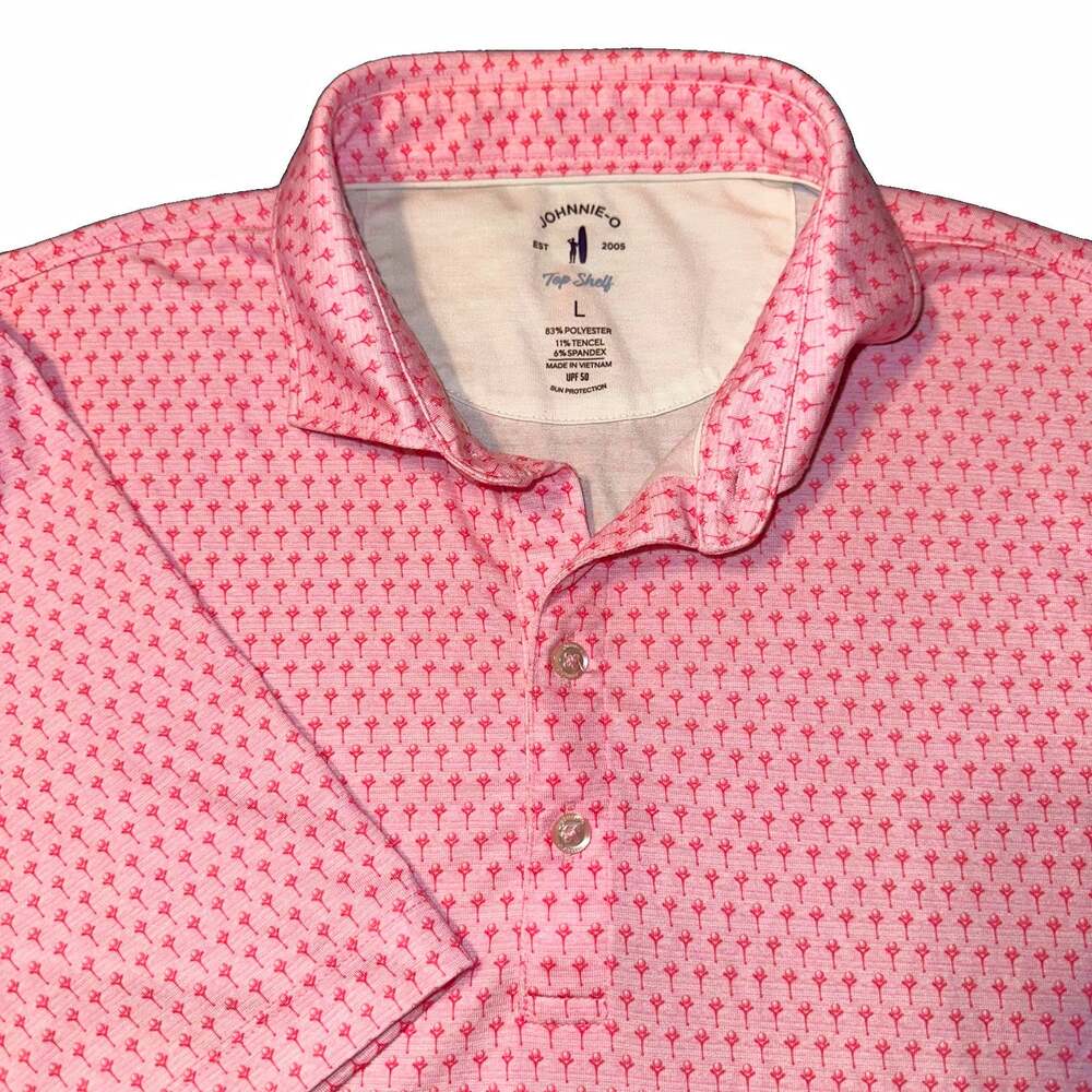 johnnie-O Top Shelf Mens Large Polo Shirt Pink Golf Tee Print Performance Luxury